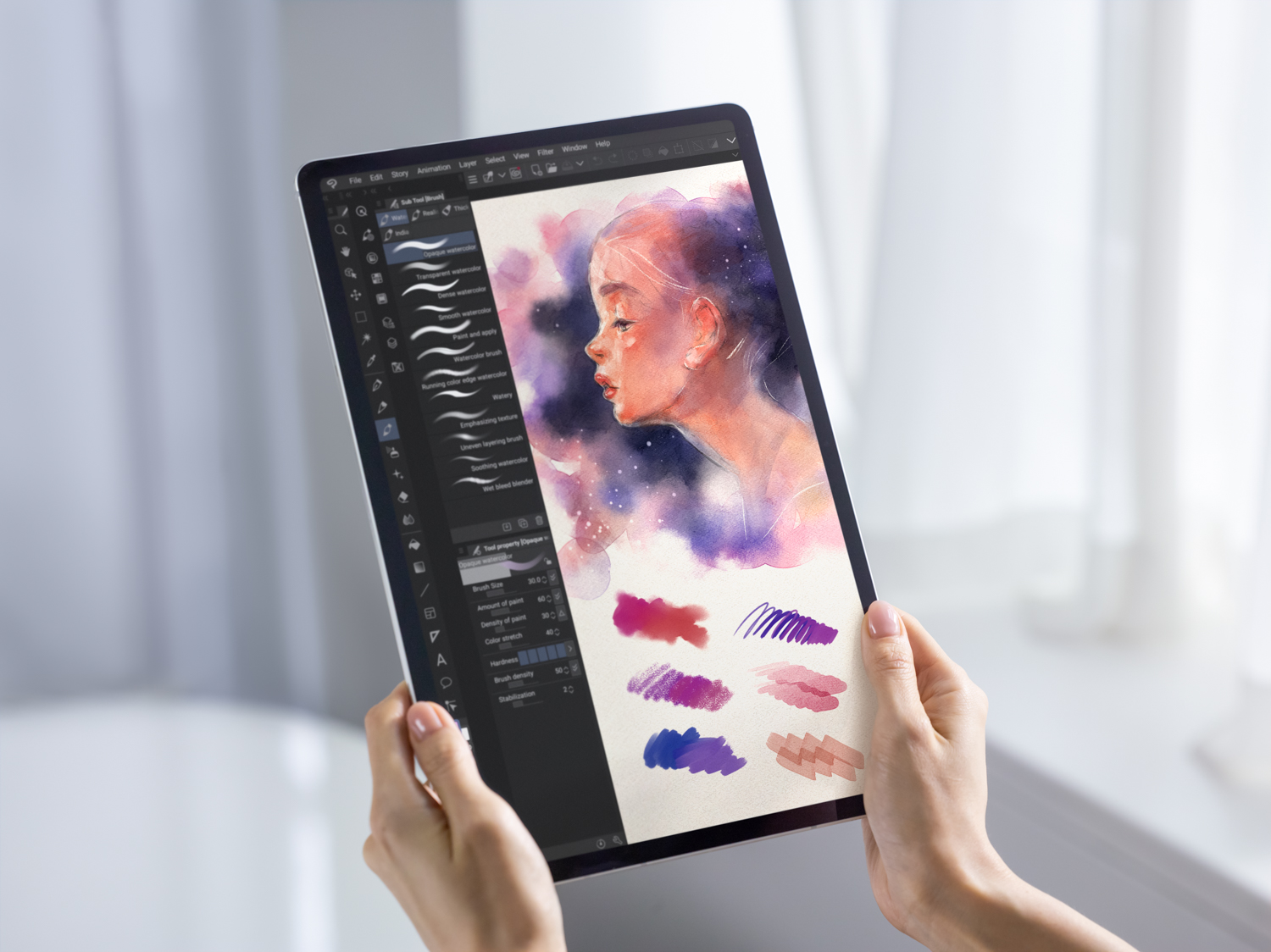Using the touch screen to paint watercolors on the Galaxy Tab S7 Plus in Mystic Black