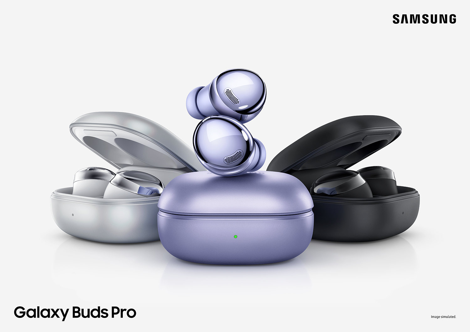 Galaxy Buds Pro black single key visual with two ear buds atop charging case