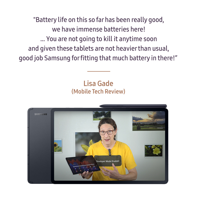 Lisa Gade of Mobile Tech Review speaks on the impressive battery life inside the Galaxy Tab S7.