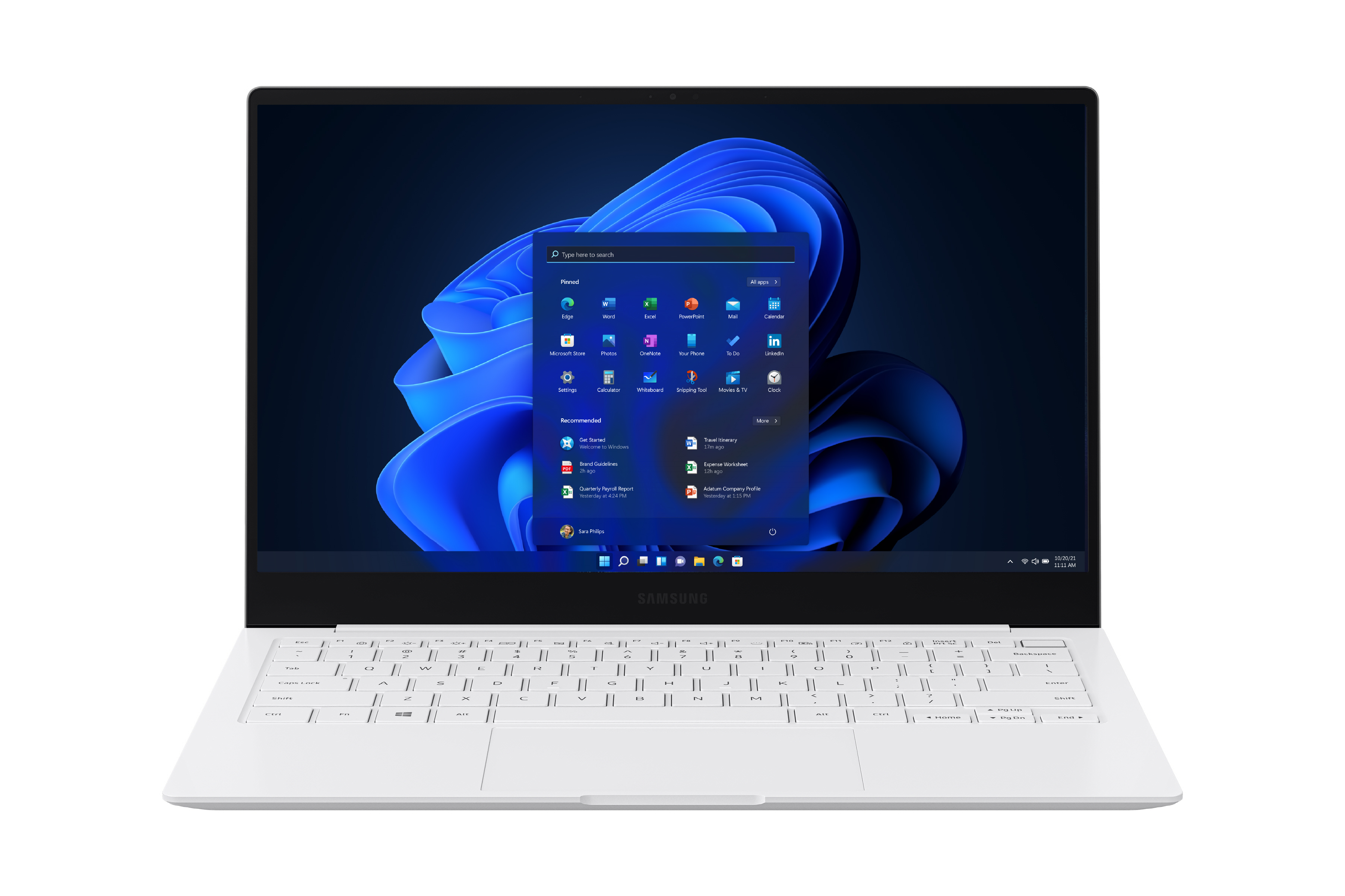 Galaxy Book laptop sits open with Windows 11 interface on-screen