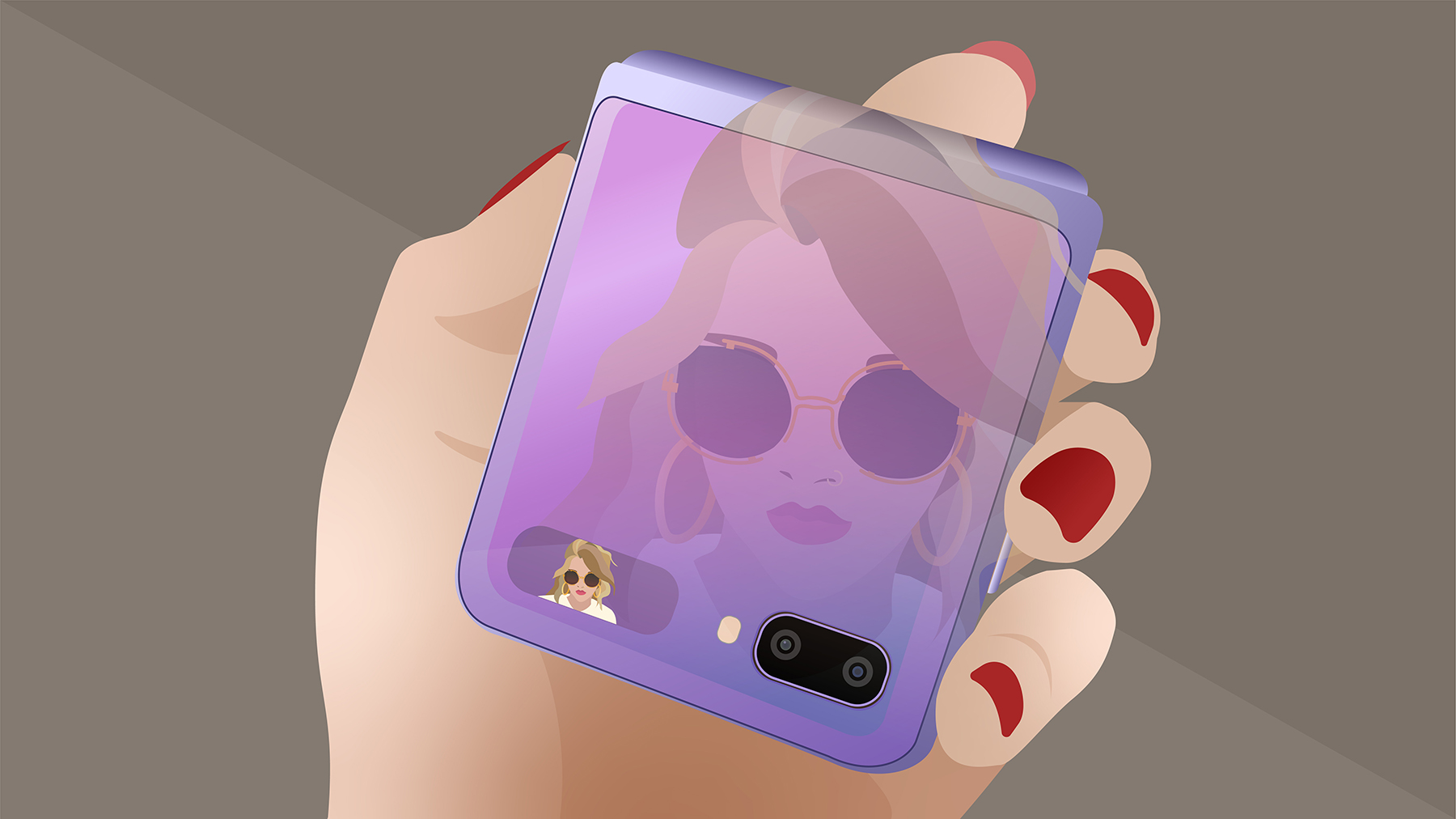 Illustration of a content creator using the Quick selfie feature on the Galaxy Z Flip.