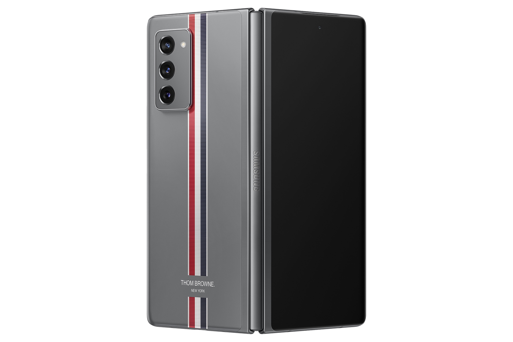 Galaxy Z Fold2 Thom Browne Edition, rear camera view, partially unfolded.