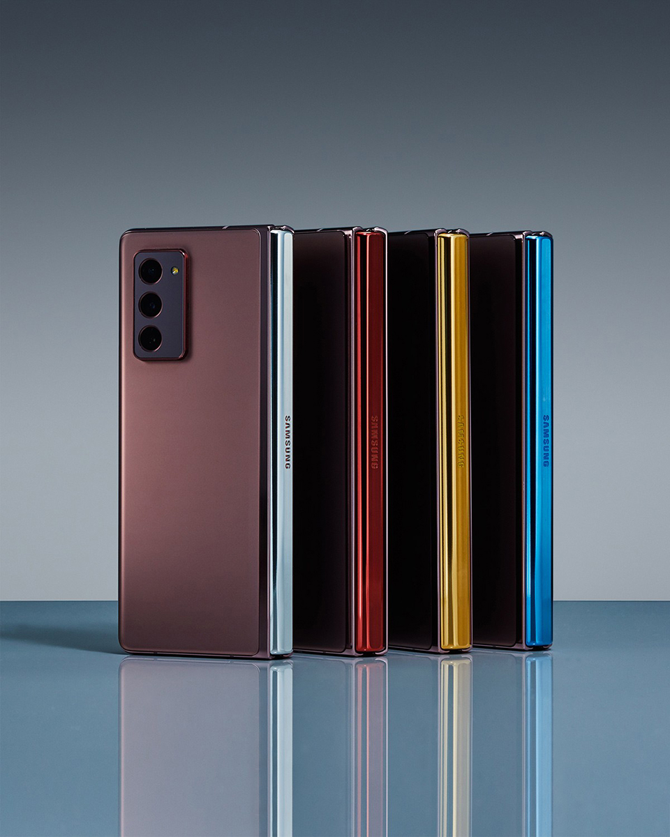 Four colorful hinges of the Galaxy Z Fold2 Mystic Bronze.