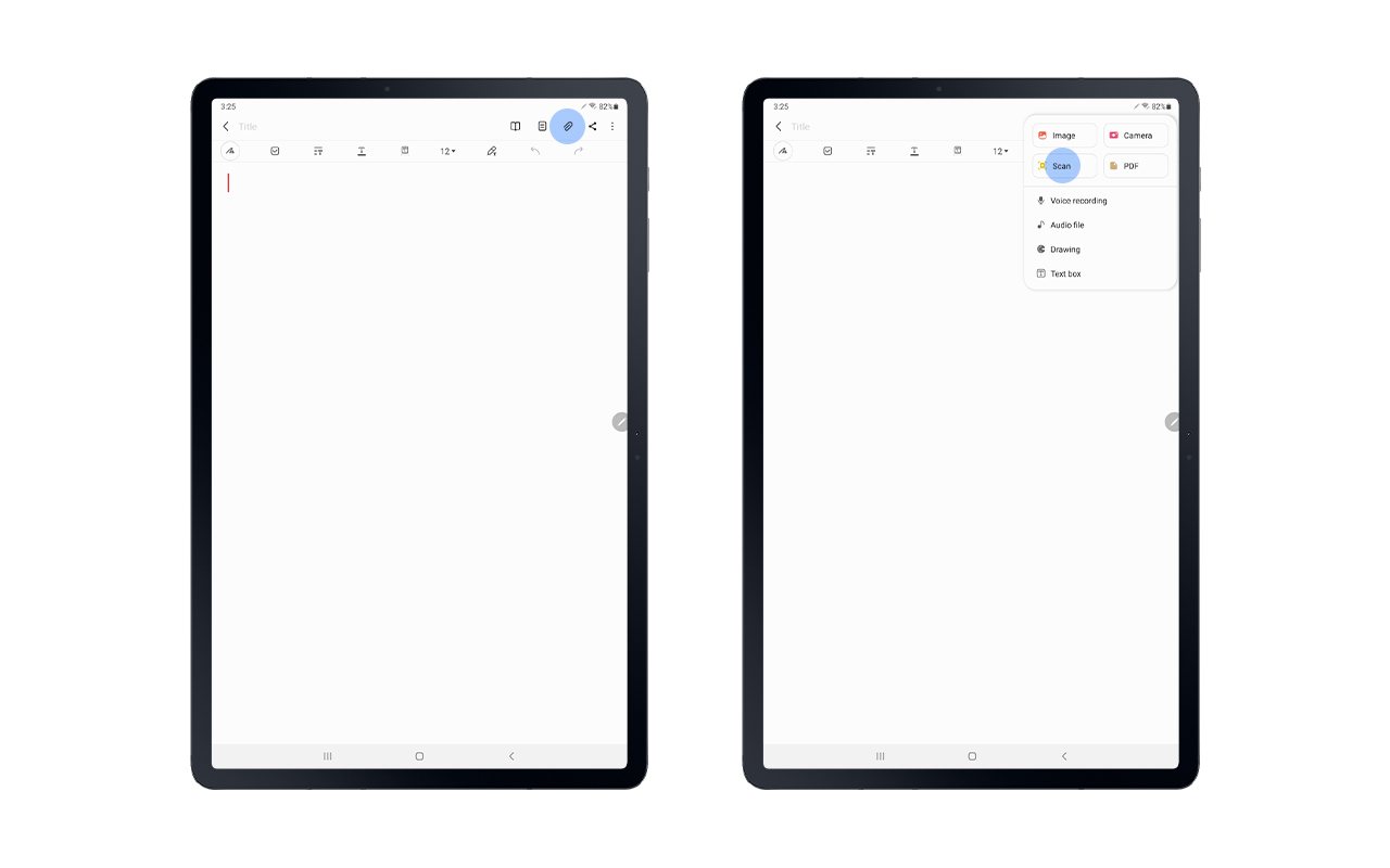 Image showing doc scanning shortcut available within Samsung Notes in Galaxy Tab S7+