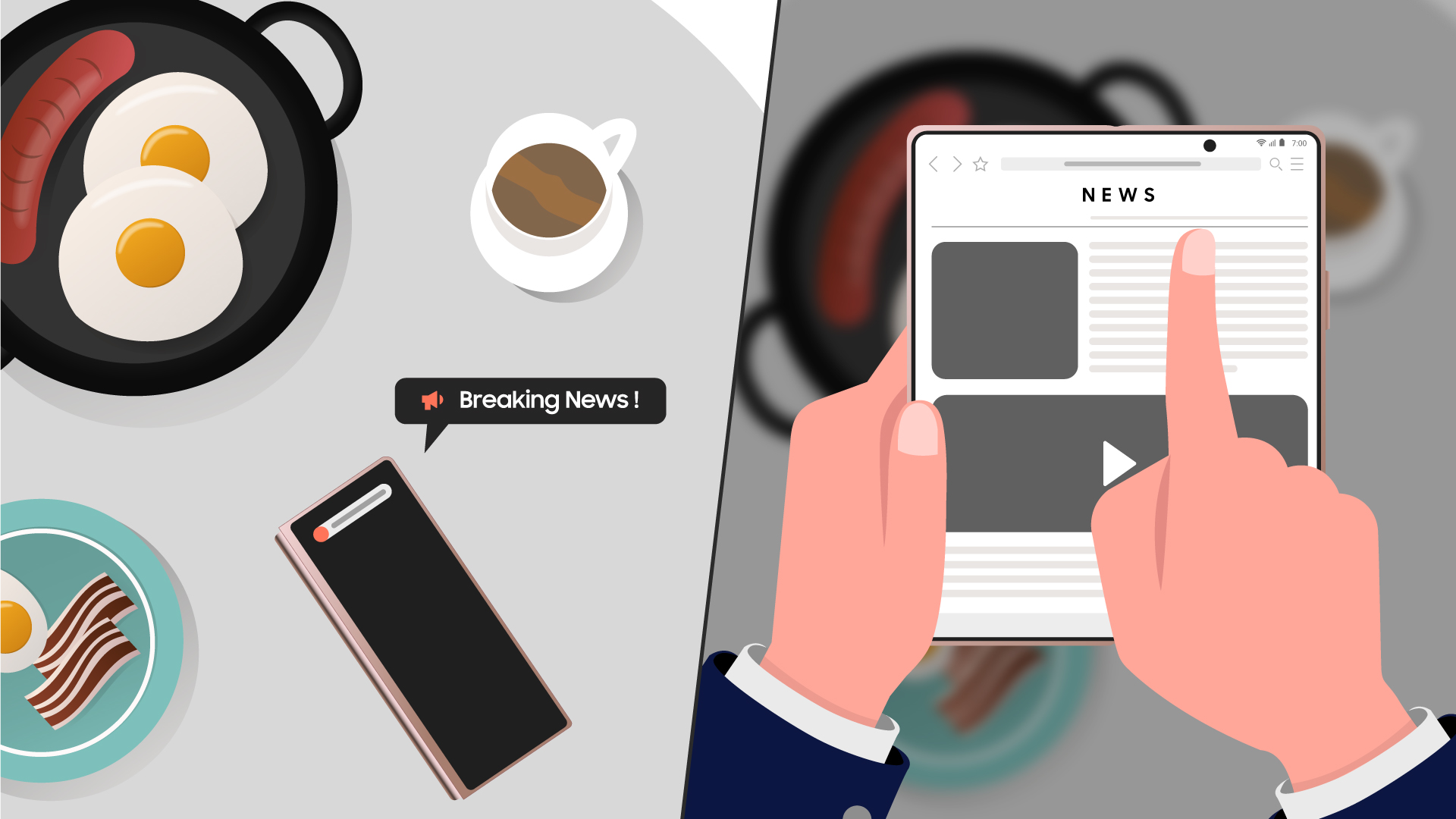 An illustration split into two panels the left panel is showing a Galaxy Z Fold2 placed on a table alongside a cup of coffee and breakfast dishes while the right panel is showing a person's hand hovering over the Galaxy Z Fold2's main screen