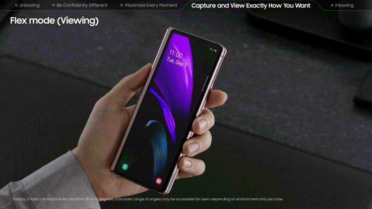 User opens a link in message and watches a video in portrait and landscape mode on the Galaxy Z Fold2's Cover Screen.