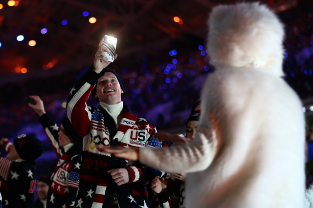 Athletes enjoying the opening ceremony of the Sochi 2014 Olympic Winter Games with the official Olympic Games phones, the Samsung Galaxy Note 3
