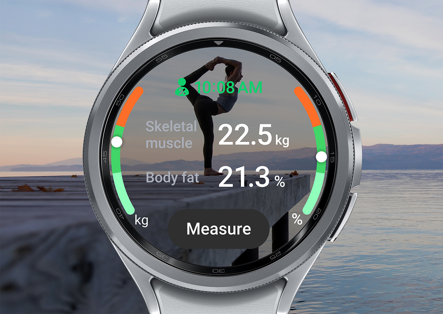 Press Release image of Galaxy Watch6 Classic face displaying body composition insights