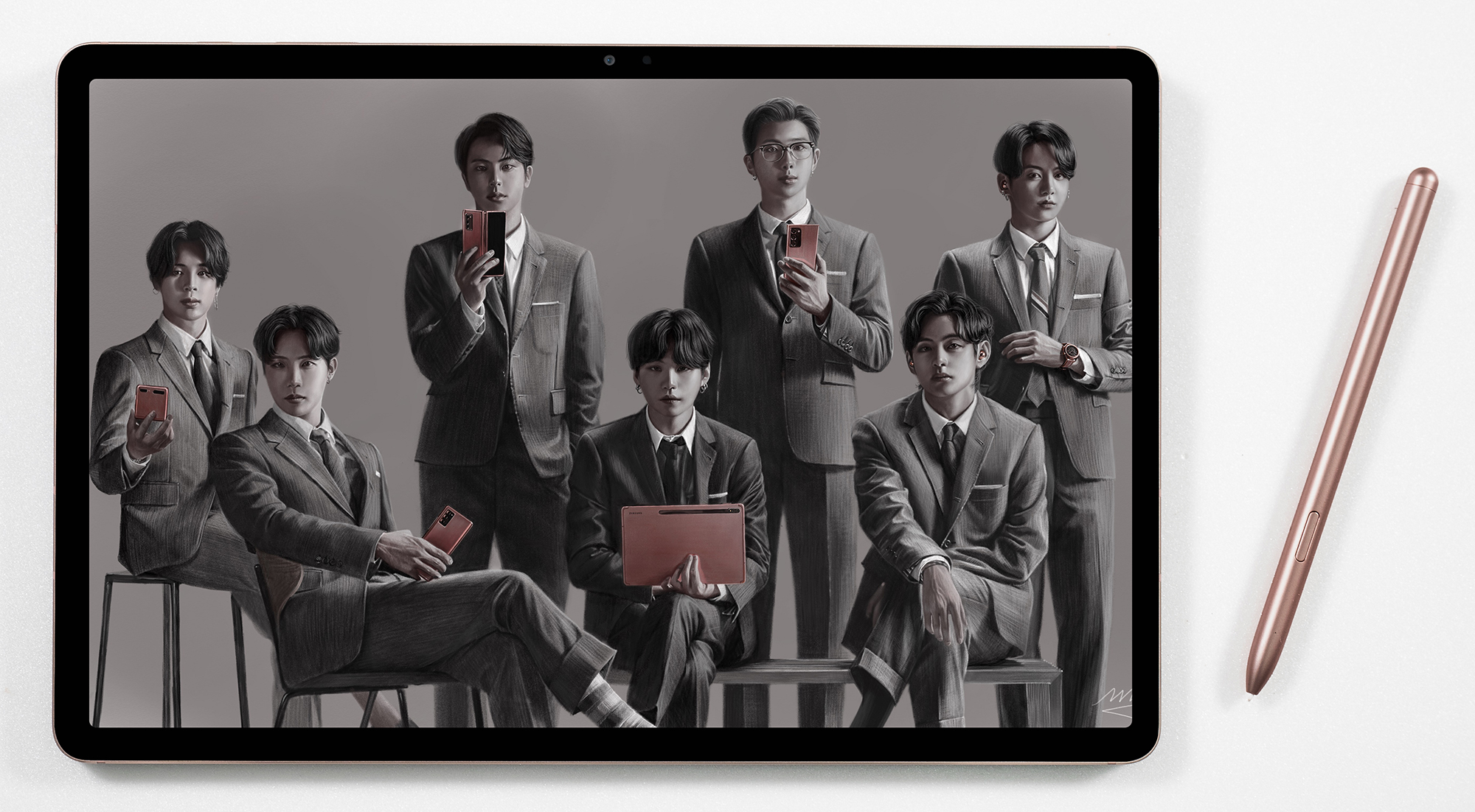 A Galaxy Tab S7+ with an S Pen beside it shows a digitally-drawn image of BTS with the latest Galaxy products.