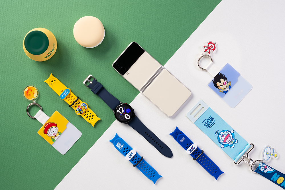 Photo of Galaxy Z Flip3 Galaxy Watch4 Galaxy Buds2 and accessories with pink background.