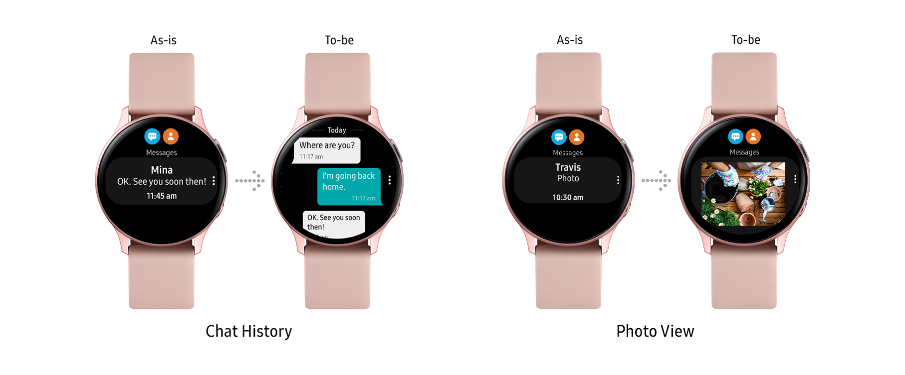 Galaxy Watch Active2's chat history and photo view feature.
