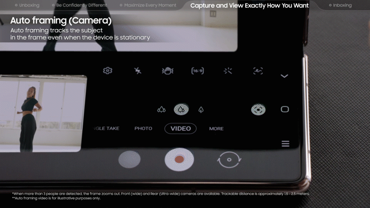 User activates the Galaxy Z Fold2's Auto Framing to track movement of a dancer.