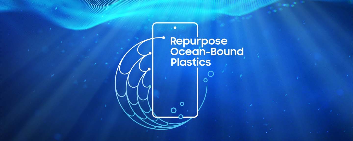 Repurpose Ocean-Bound Plastics poster, with a smartphone outline and fishing net on ocean background