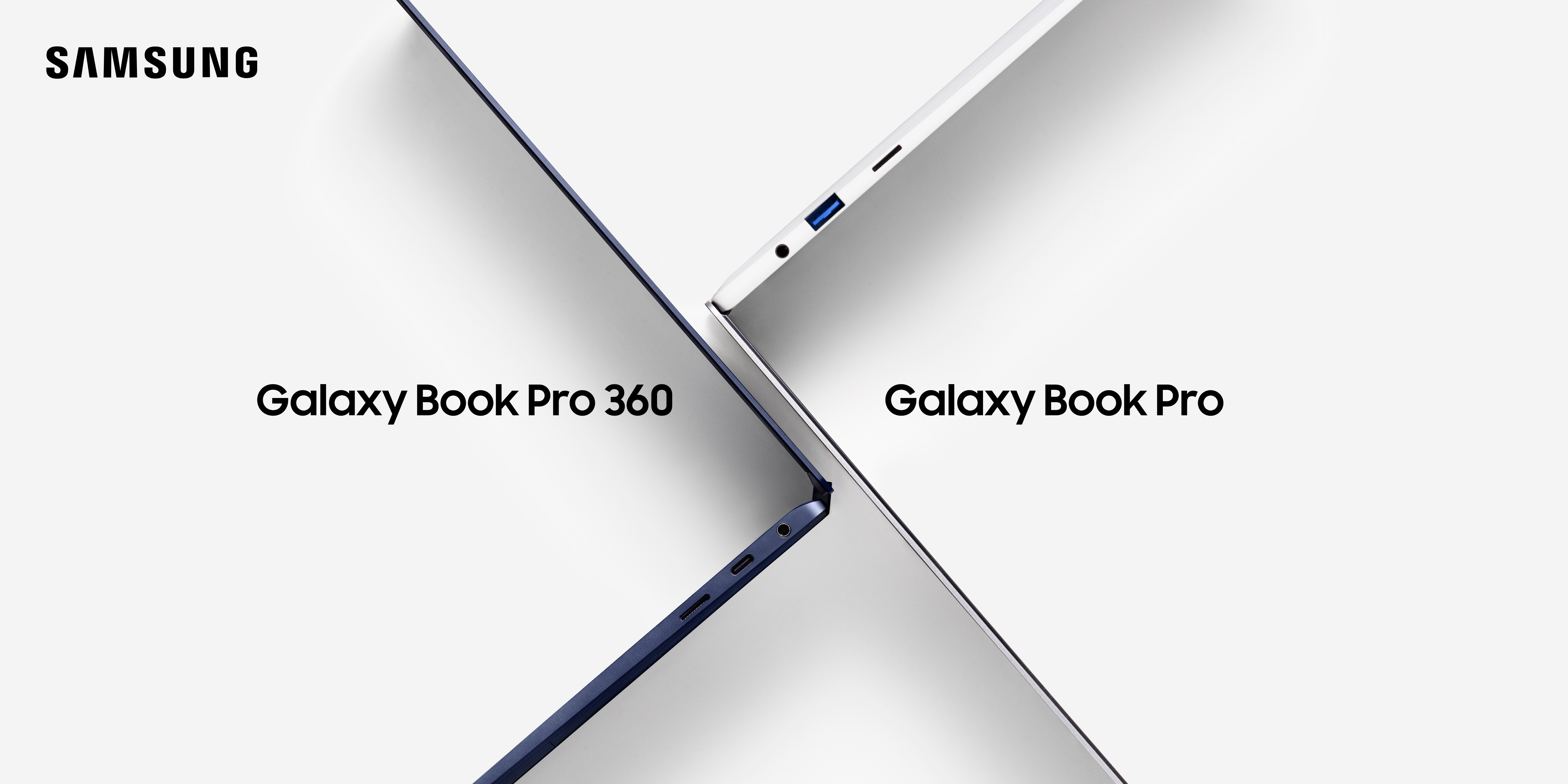 Galaxy Book Pro 360 in mystic navy and Galaxy Book Pro in mystic silver open on table side view extra wide