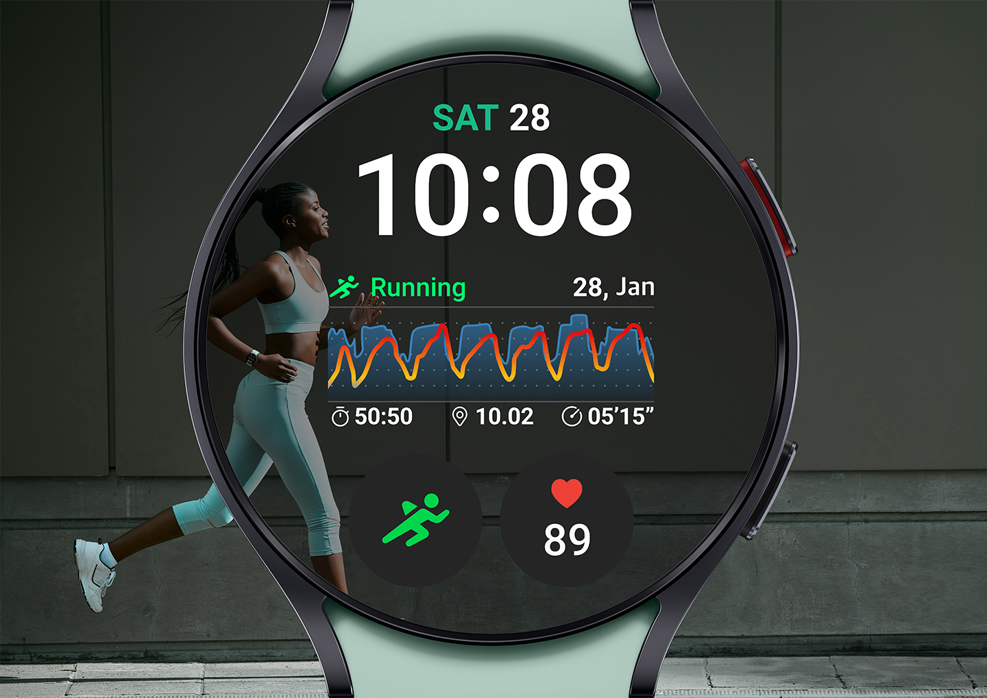 Press Release image of Galaxy Watch6 face displaying exercise data